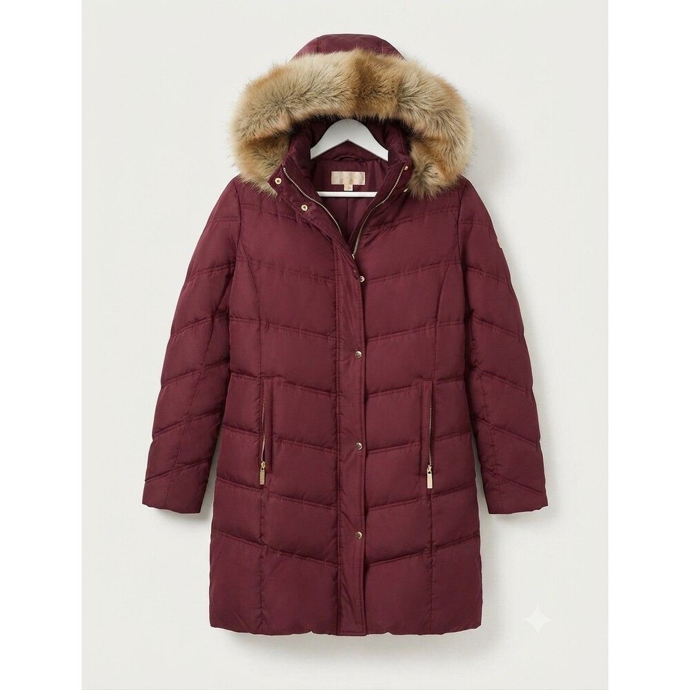 MICHAEL KORS $340 BURGUNDY FAUX FUR TRIM DOWN PUFFER COAT SZ XL